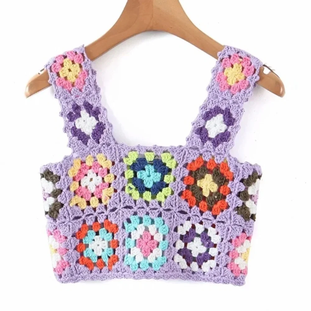 Lavender Multi Color Colorful Handmade Crochet Sleeveless Cropped Crop Tank Top - Picture 4 of 5